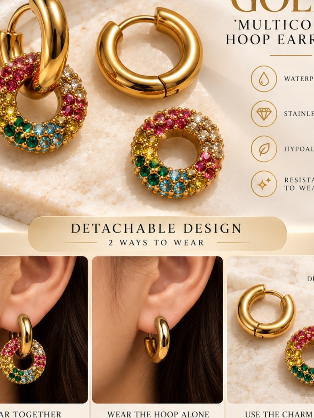 Gold Multicolor Detachable Hoop Earrings with Gem Charms